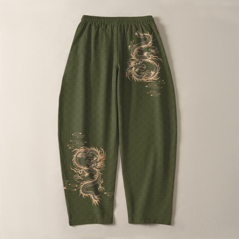 Buddha Stones Pure Cotton Golden Dragon Pattern Drawstring Men's Tapered Pants With Pockets - image 10