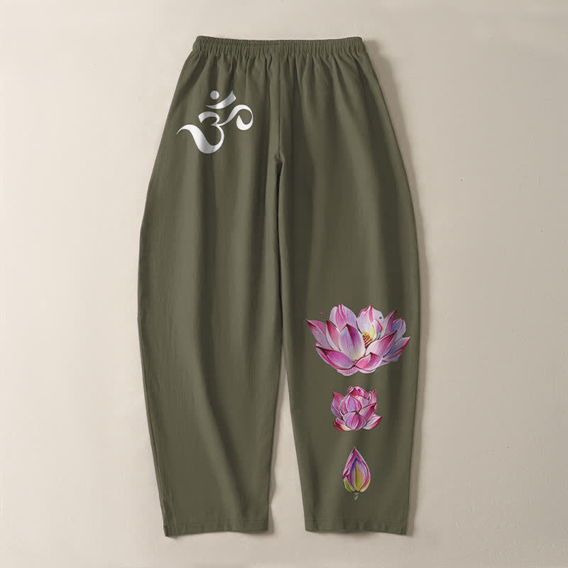 Buddha Stones Pure Cotton Pink Lotus Om Pattern Drawstring Men's Tapered Pants With Pockets - image 3