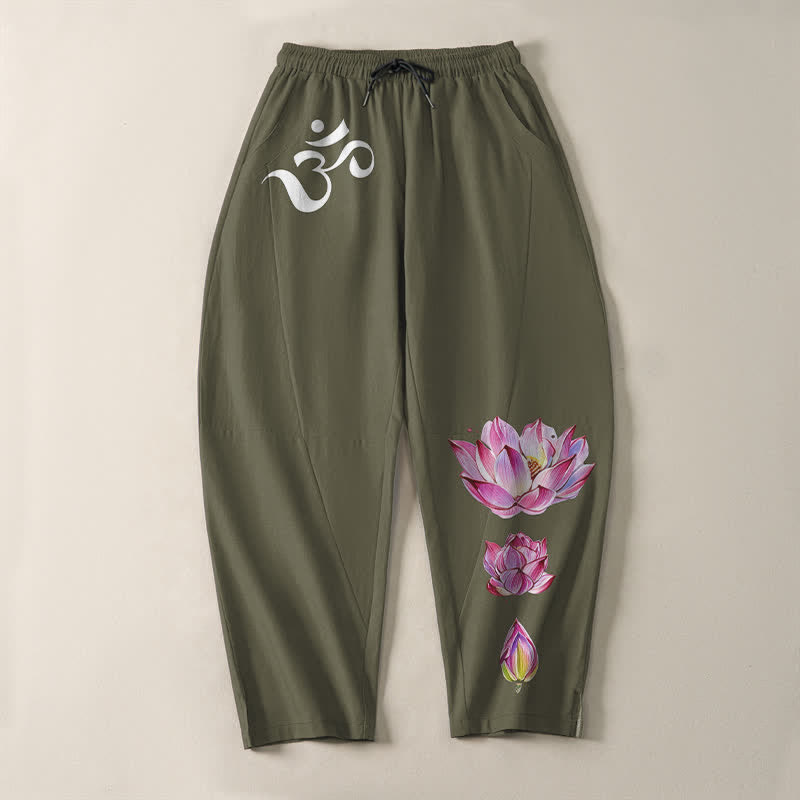 Buddha Stones Pure Cotton Pink Lotus Om Pattern Drawstring Men's Tapered Pants With Pockets - image 2