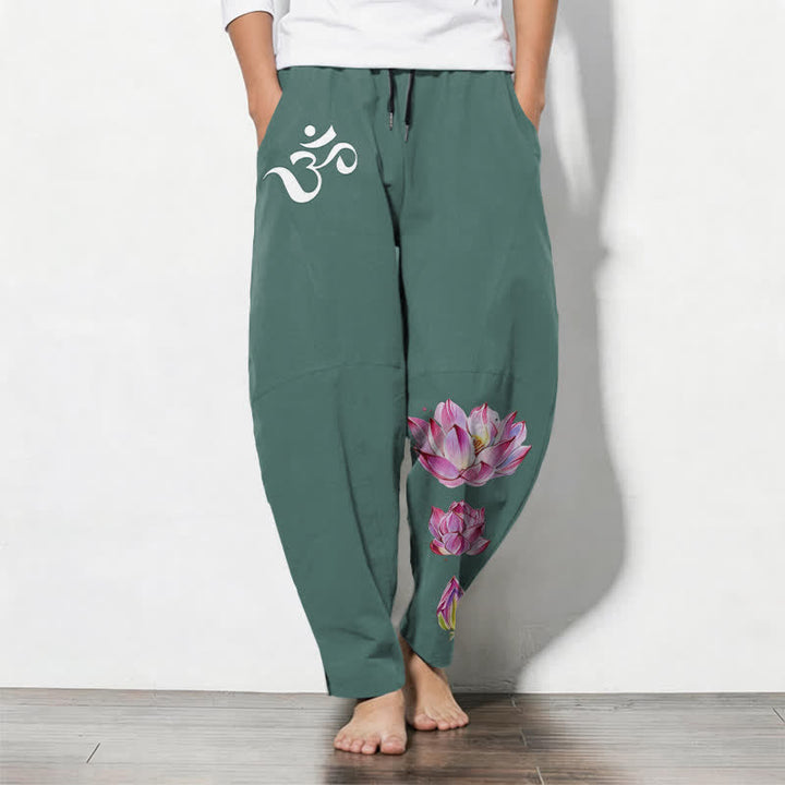 Buddha Stones Pure Cotton Pink Lotus Om Pattern Drawstring Men's Tapered Pants With Pockets - Teal - US/UK/AU50，EU60 (5XL) - image 7