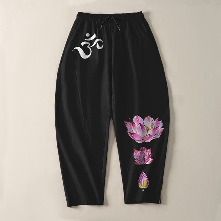 Buddha Stones Pure Cotton Pink Lotus Om Pattern Drawstring Men's Tapered Pants With Pockets - image 13