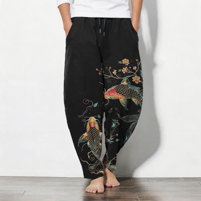 Buddha Stones Pure Cotton Koi Fish Floral Pattern Drawstring Men's Tapered Pants With Pockets - Black - US/UK/AU50，EU60 (5XL) - image 0