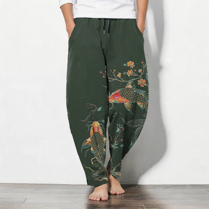 Buddha Stones Pure Cotton Koi Fish Floral Pattern Drawstring Men's Tapered Pants With Pockets - DarkGreen - US/UK/AU50，EU60 (5XL) - image 7