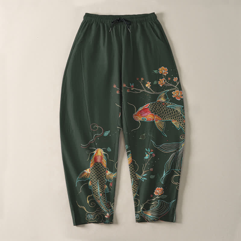 Buddha Stones Pure Cotton Koi Fish Floral Pattern Drawstring Men's Tapered Pants With Pockets - image 9