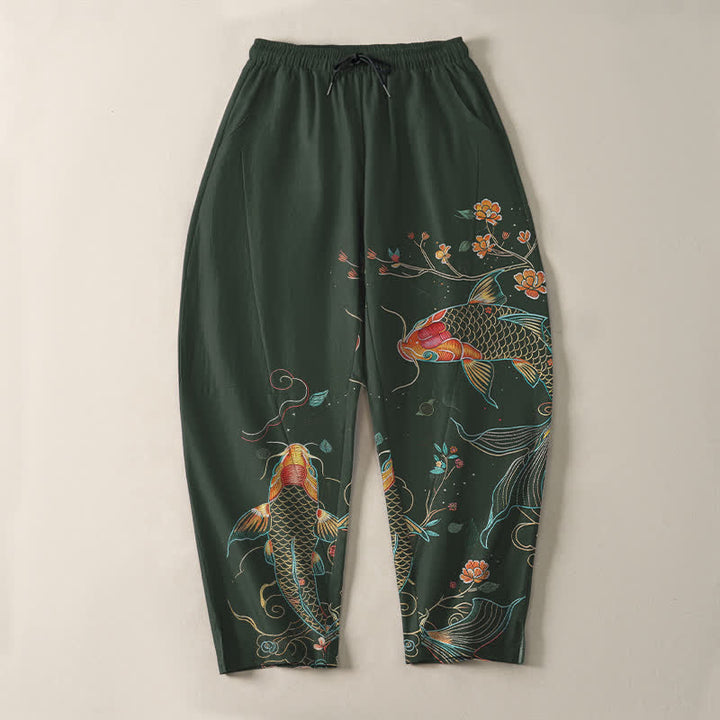 Buddha Stones Pure Cotton Koi Fish Floral Pattern Drawstring Men's Tapered Pants With Pockets - image 9