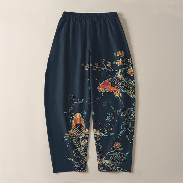 Buddha Stones Pure Cotton Koi Fish Floral Pattern Drawstring Men's Tapered Pants With Pockets - image 14