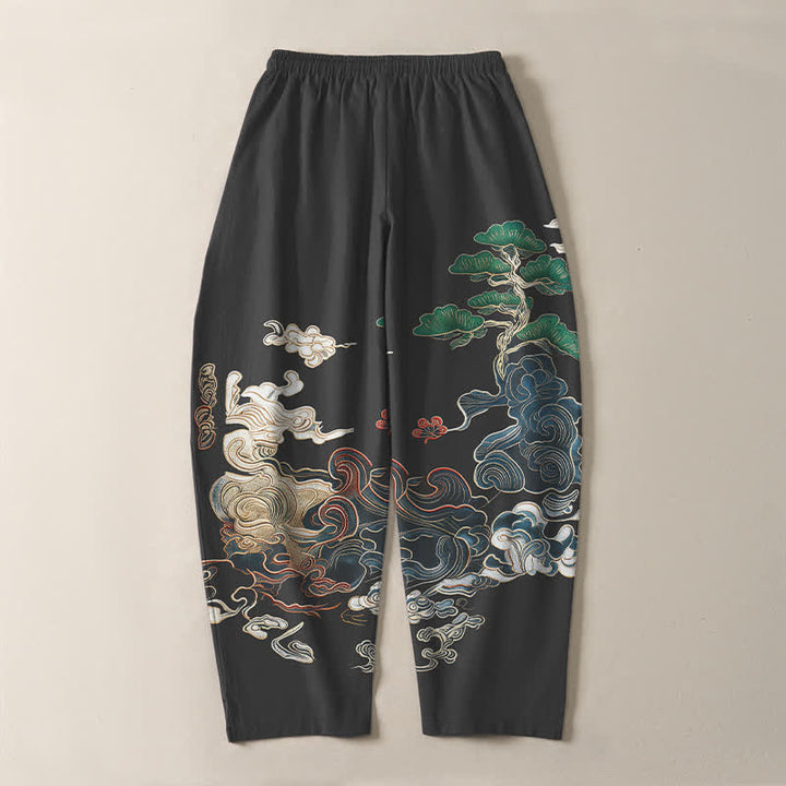 Buddha Stones Pure Cotton Cloud Pine Wave Pattern Drawstring Men's Tapered Pants With Pockets - image 3