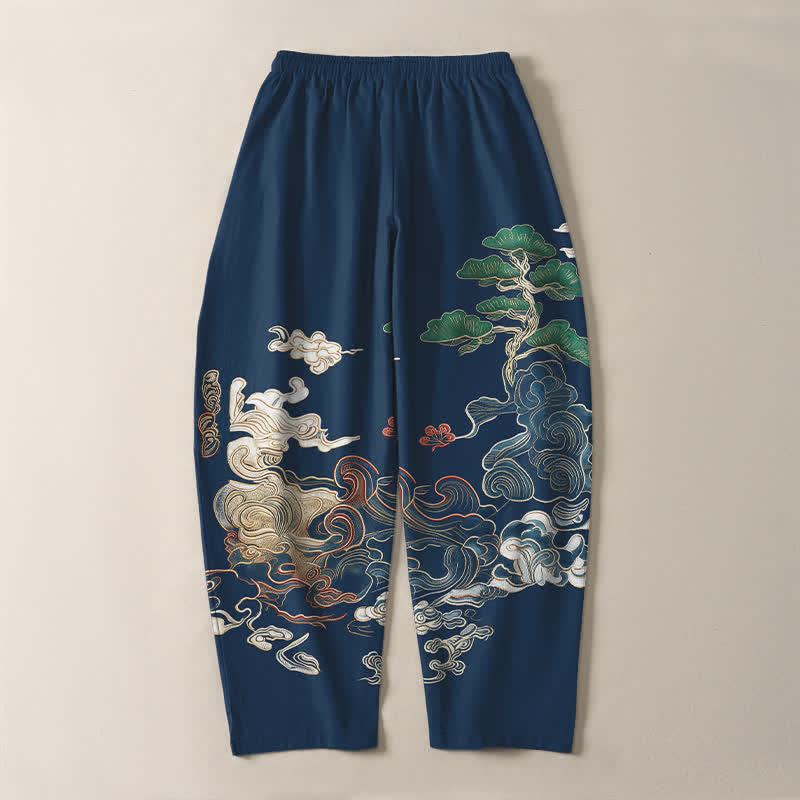 Buddha Stones Pure Cotton Cloud Pine Wave Pattern Drawstring Men's Tapered Pants With Pockets - image 10