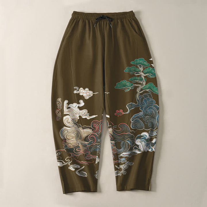 Buddha Stones Pure Cotton Cloud Pine Wave Pattern Drawstring Men's Tapered Pants With Pockets - image 13