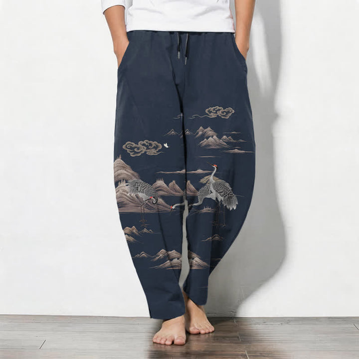 Buddha Stones Pure Cotton Crane Cloud Mountain Pattern Drawstring Men's Tapered Pants With Pockets - MidnightBlue - US/UK/AU50，EU60 (5XL) - image 7