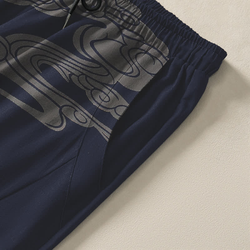 Buddha Stones Pure Cotton Crane Wave Cloud Pattern Drawstring Men's Tapered Pants With Pockets - image 4