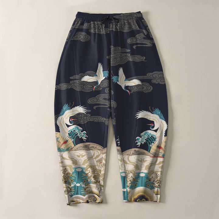 Buddha Stones Pure Cotton Crane Wave Cloud Pattern Drawstring Men's Tapered Pants With Pockets - image 2