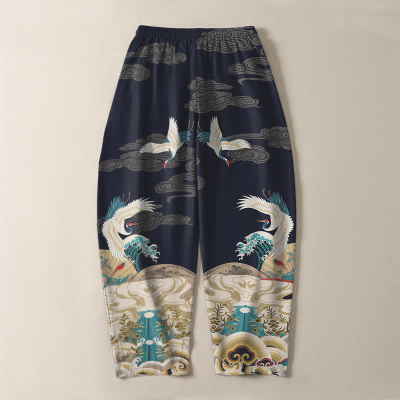 Buddha Stones Pure Cotton Crane Wave Cloud Pattern Drawstring Men's Tapered Pants With Pockets - image 3
