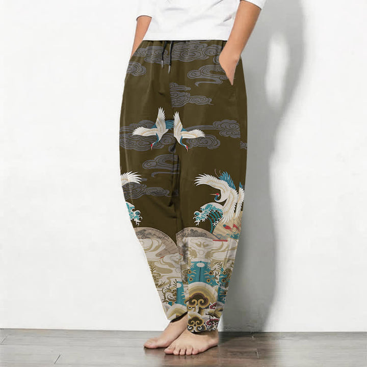 Buddha Stones Pure Cotton Crane Wave Cloud Pattern Drawstring Men's Tapered Pants With Pockets - image 12