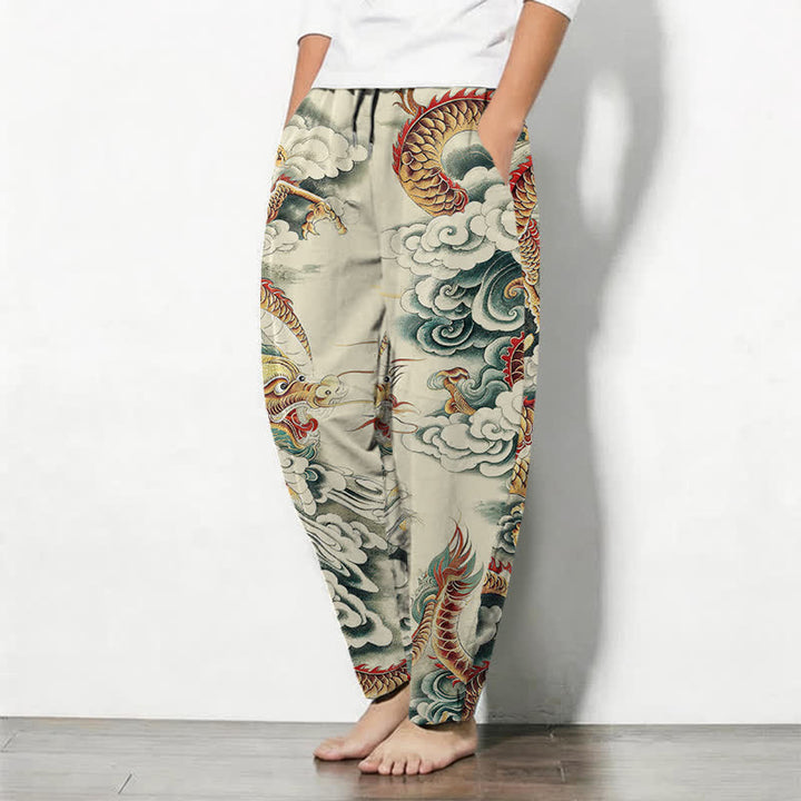 Buddha Stones Pure Cotton Cloud Dragon Pattern Drawstring Men's Tapered Pants With Pockets - image 1