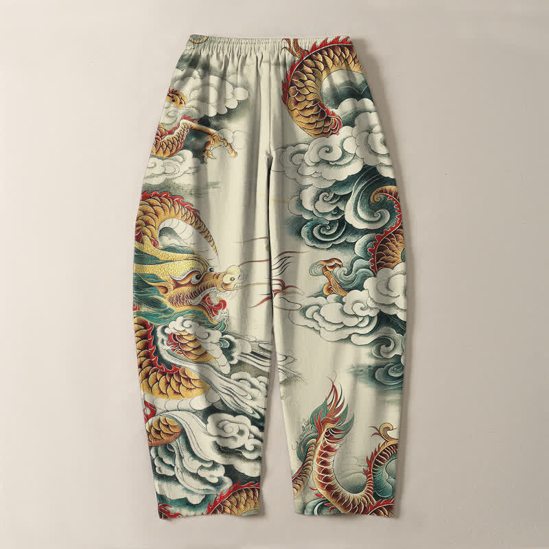 Buddha Stones Pure Cotton Cloud Dragon Pattern Drawstring Men's Tapered Pants With Pockets - image 3