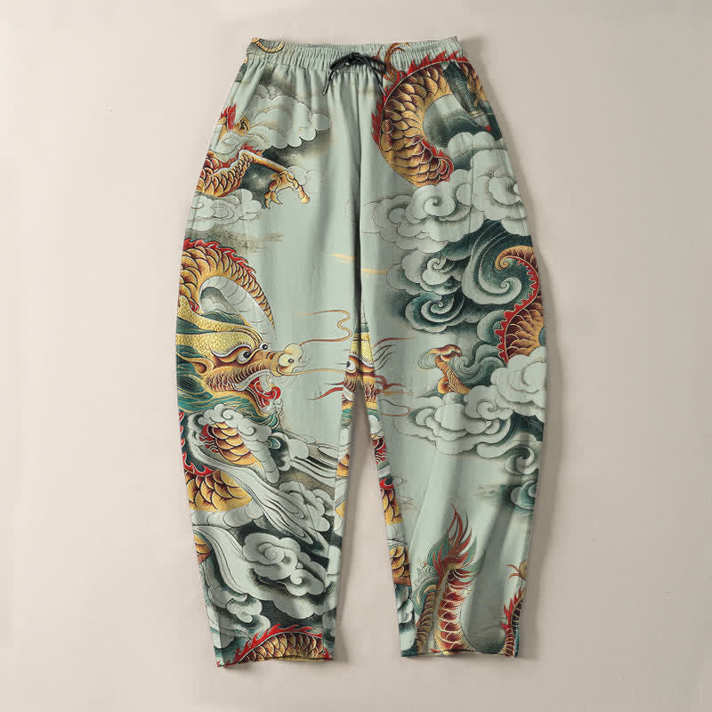 Buddha Stones Pure Cotton Cloud Dragon Pattern Drawstring Men's Tapered Pants With Pockets - image 9