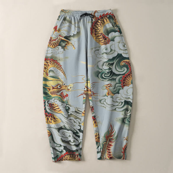 Buddha Stones Pure Cotton Cloud Dragon Pattern Drawstring Men's Tapered Pants With Pockets - image 13