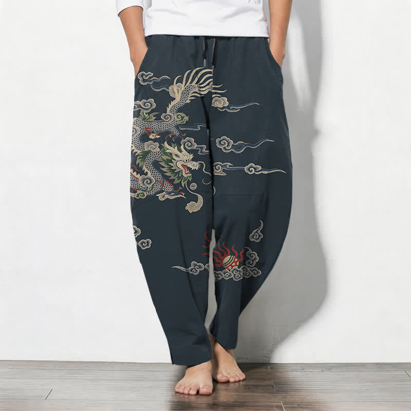 Buddha Stones Pure Cotton Dragon Cloud Fireball Pattern Drawstring Men's Tapered Pants With Pockets - Navy - US/UK/AU50，EU60 (5XL) - image 0