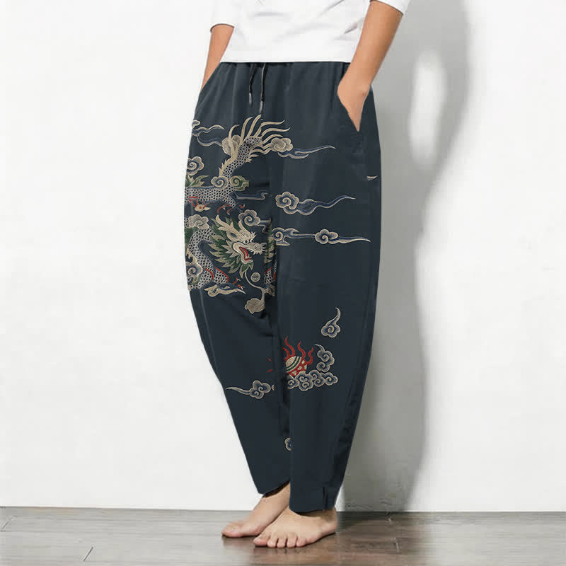 Buddha Stones Pure Cotton Dragon Cloud Fireball Pattern Drawstring Men's Tapered Pants With Pockets - image 1