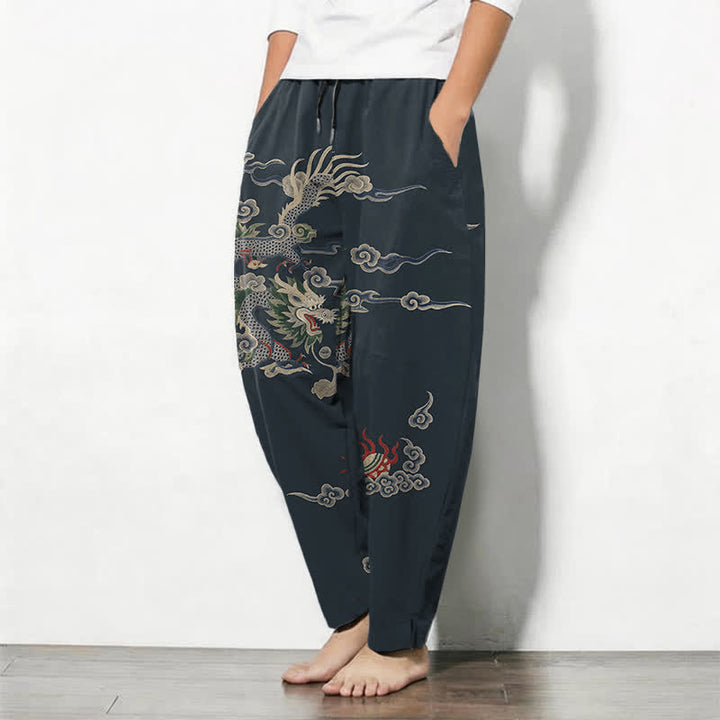 Buddha Stones Pure Cotton Dragon Cloud Fireball Pattern Drawstring Men's Tapered Pants With Pockets - image 1
