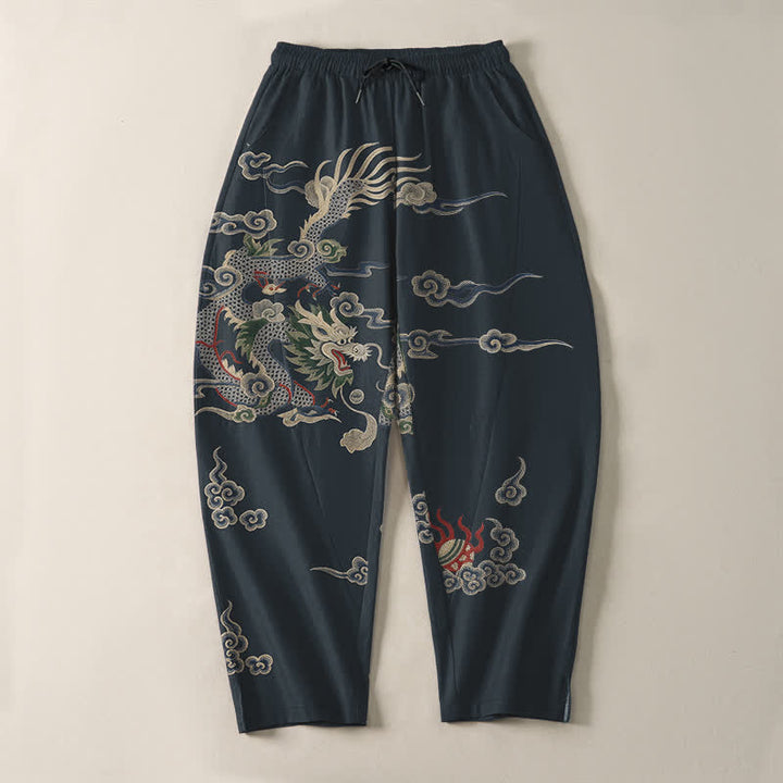 Buddha Stones Pure Cotton Dragon Cloud Fireball Pattern Drawstring Men's Tapered Pants With Pockets - image 2