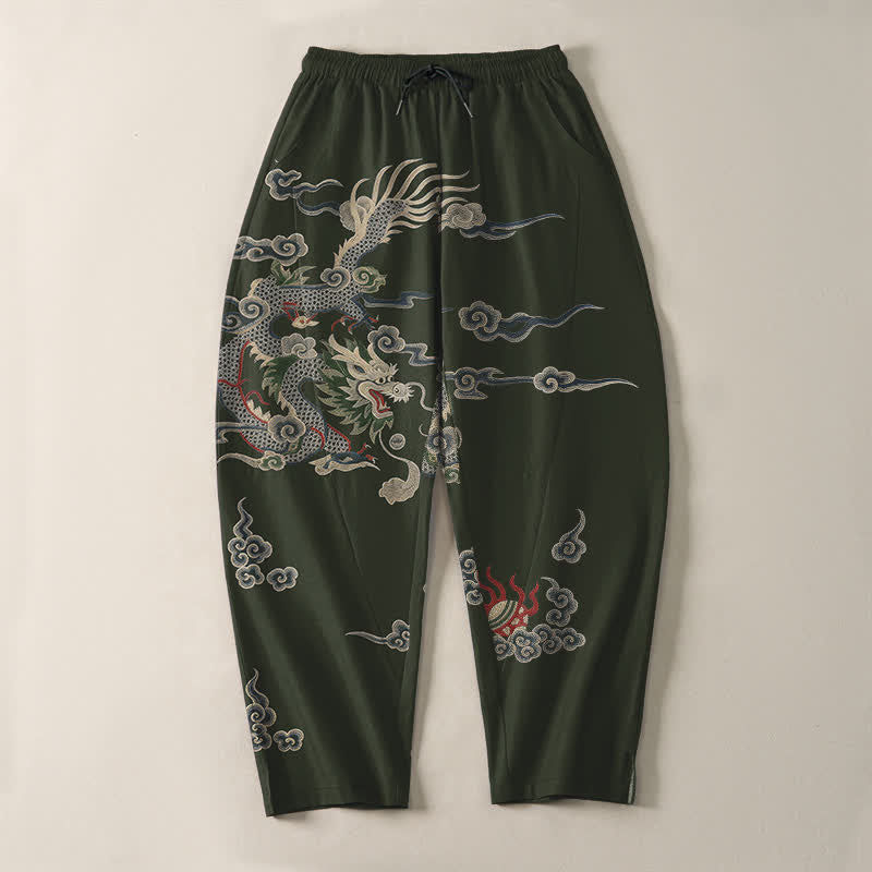 Buddha Stones Pure Cotton Dragon Cloud Fireball Pattern Drawstring Men's Tapered Pants With Pockets - image 9