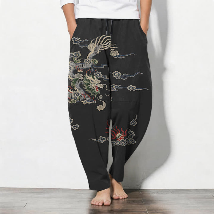 Buddha Stones Pure Cotton Dragon Cloud Fireball Pattern Drawstring Men's Tapered Pants With Pockets - Black - US/UK/AU50，EU60 (5XL) - image 11