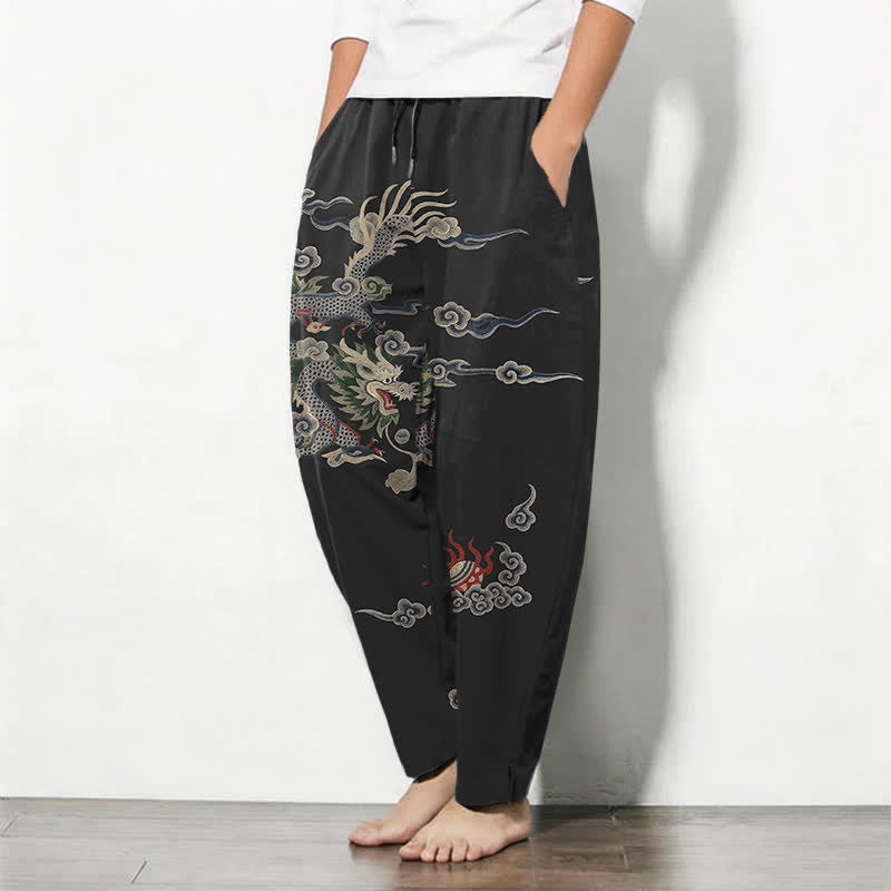 Buddha Stones Pure Cotton Dragon Cloud Fireball Pattern Drawstring Men's Tapered Pants With Pockets - image 12