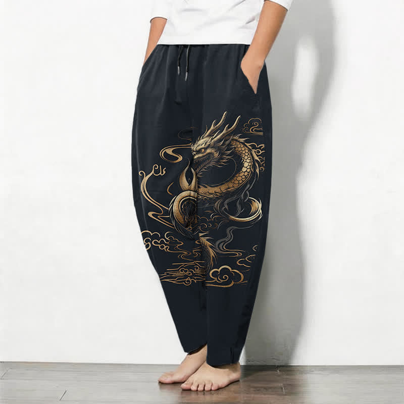 Buddha Stones Pure Cotton Golden Dragon Auspicious Cloud Pattern Drawstring Men's Tapered Pants With Pockets - image 8