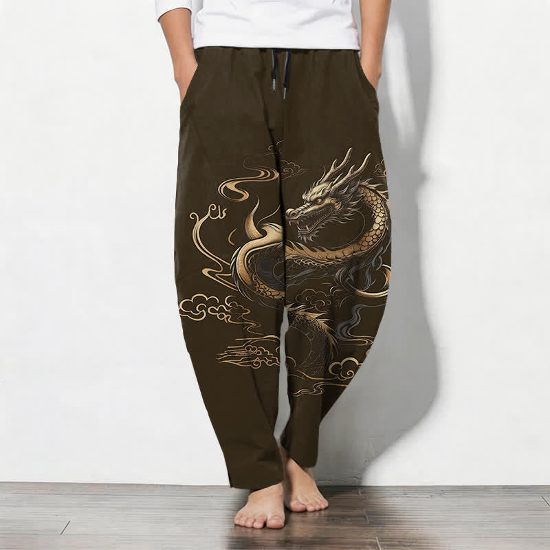 Buddha Stones Pure Cotton Golden Dragon Auspicious Cloud Pattern Drawstring Men's Tapered Pants With Pockets - DarkOliveGreen - US/UK/AU50，EU60 (5XL) - image 11