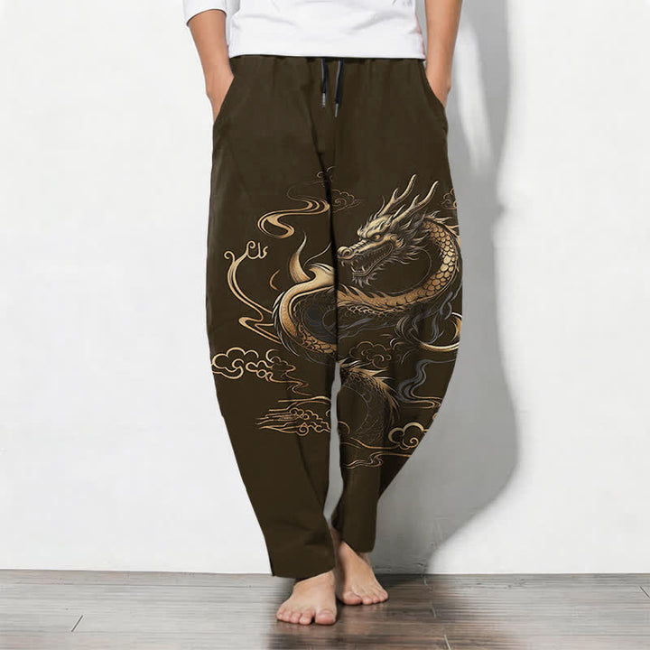 Buddha Stones Pure Cotton Golden Dragon Auspicious Cloud Pattern Drawstring Men's Tapered Pants With Pockets - DarkOliveGreen - US/UK/AU50，EU60 (5XL) - image 11