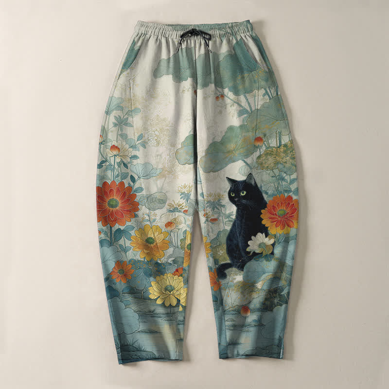 Buddha Stones Pure Cotton Oriental Black Cat Floral Pattern Drawstring Men's Tapered Pants With Pockets - image 13