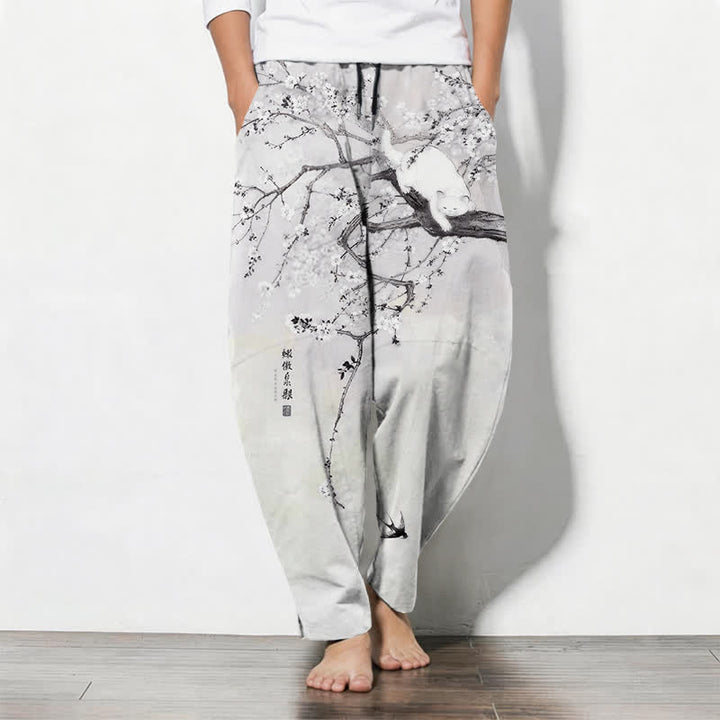Buddha Stones Pure Cotton Ink Plum Cat Pattern Drawstring Men's Tapered Pants With Pockets - LightGrey - US/UK/AU50，EU60 (5XL) - image 0