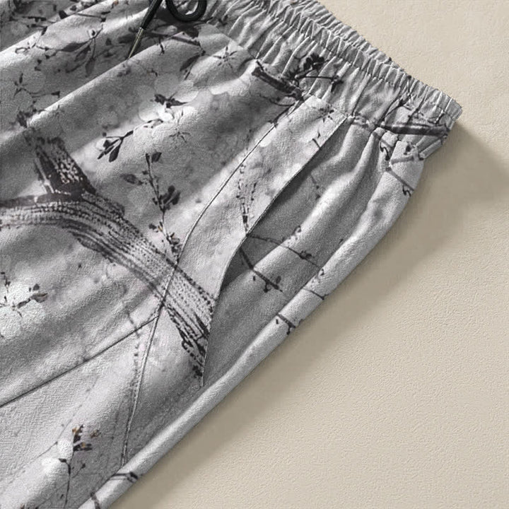 Buddha Stones Pure Cotton Ink Plum Cat Pattern Drawstring Men's Tapered Pants With Pockets - image 4