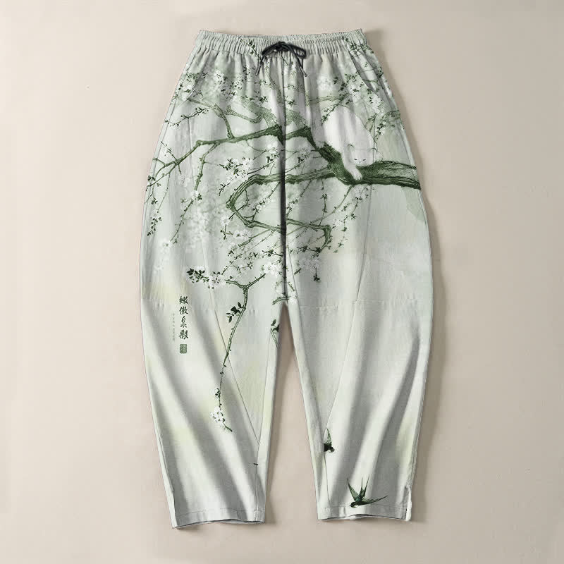 Buddha Stones Pure Cotton Ink Plum Cat Pattern Drawstring Men's Tapered Pants With Pockets - image 13