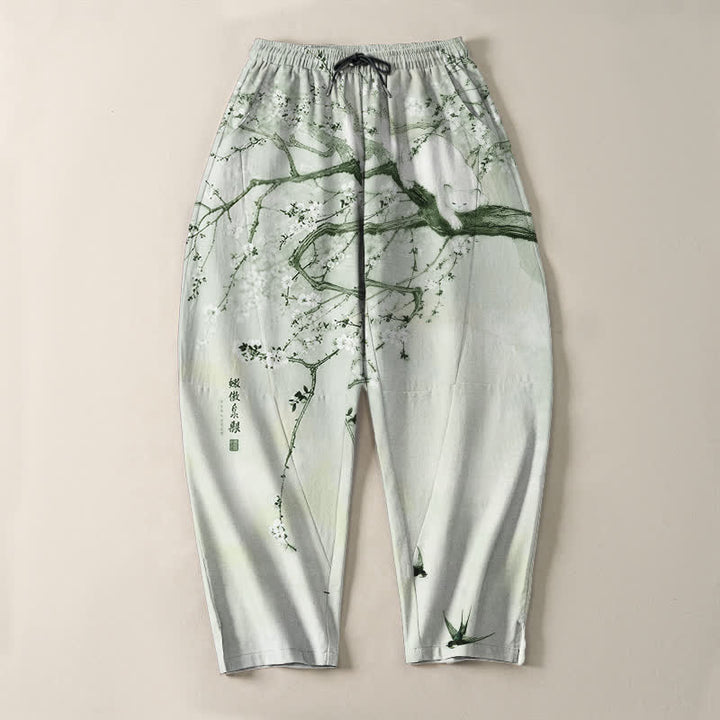 Buddha Stones Pure Cotton Ink Plum Cat Pattern Drawstring Men's Tapered Pants With Pockets - image 13