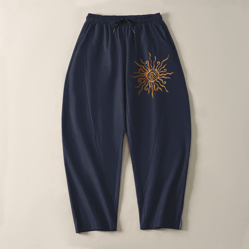 Buddha Stones Pure Cotton Golden Sun Spiral Pattern Drawstring Men's Tapered Pants With Pockets - image 9