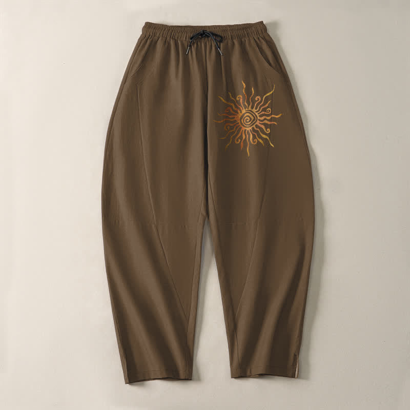 Buddha Stones Pure Cotton Golden Sun Spiral Pattern Drawstring Men's Tapered Pants With Pockets - image 13