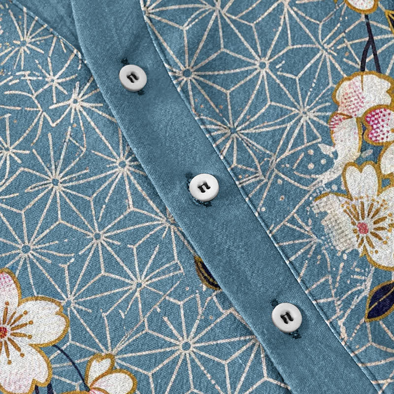 Buddha Stones Cotton Cherry Blossom Geometric Pattern Men's Short Sleeve Half Button Shirt - image 3
