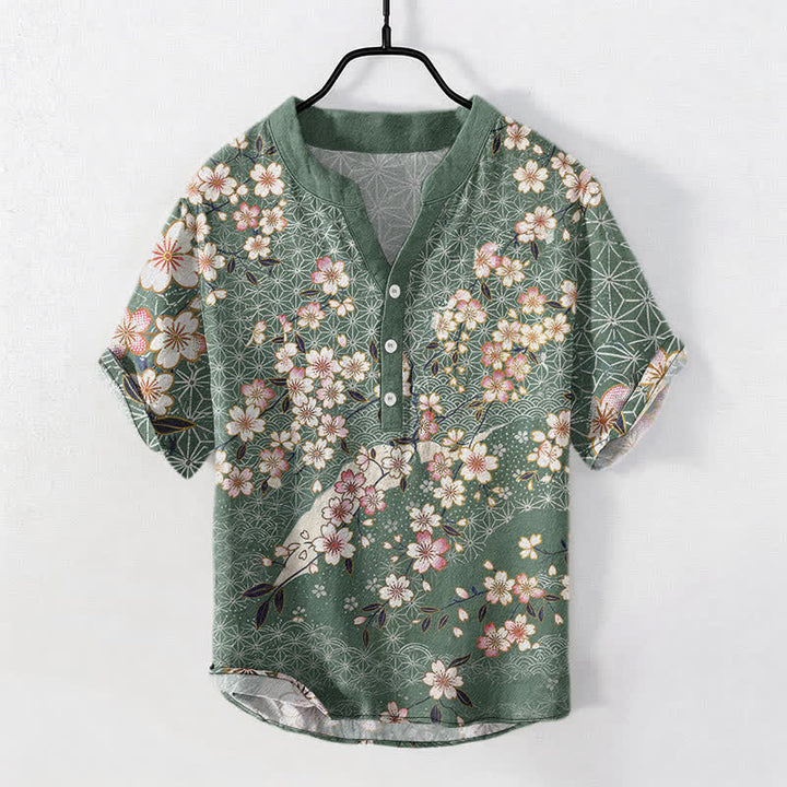 Buddha Stones Cotton Cherry Blossom Geometric Pattern Men's Short Sleeve Half Button Shirt - MediumSeaGreen - US/UK/AU50，EU60 (5XL) - image 5