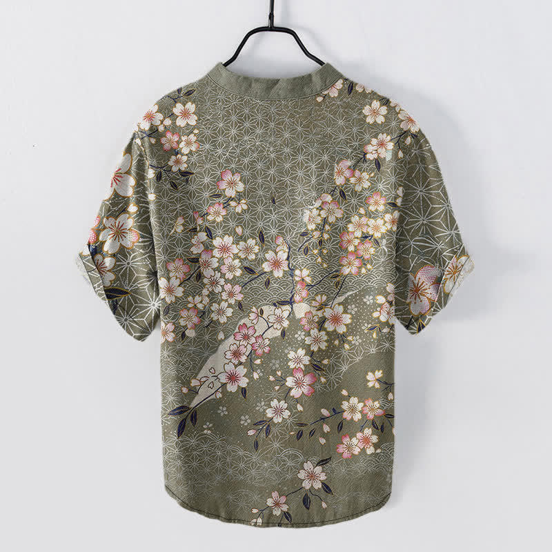 Buddha Stones Cotton Cherry Blossom Geometric Pattern Men's Short Sleeve Half Button Shirt - image 8