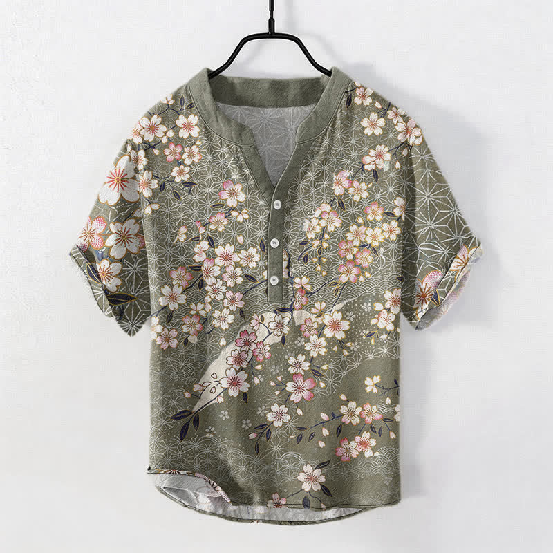 Buddha Stones Cotton Cherry Blossom Geometric Pattern Men's Short Sleeve Half Button Shirt - DarkSeaGreen - US/UK/AU50，EU60 (5XL) - image 7