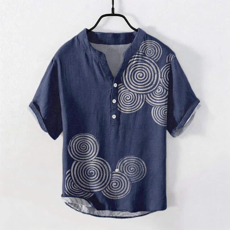 Buddha Stones Cotton Spiral Circle Pattern Men's Short Sleeve Half Button Shirt - Navy - US/UK/AU50，EU60 (5XL) - image 0