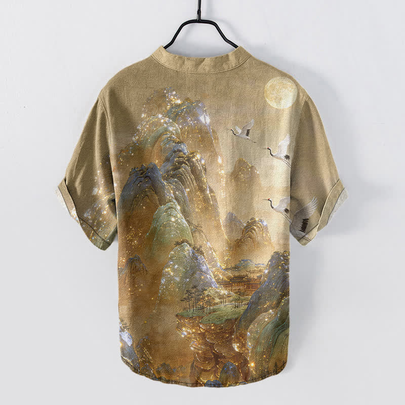 Buddha Stones Cotton Mountain Crane Moon Pattern Men's Short Sleeve Half Button Shirt - image 1