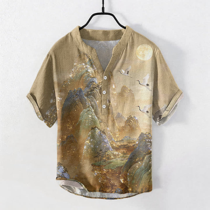 Buddha Stones Cotton Mountain Crane Moon Pattern Men's Short Sleeve Half Button Shirt - DarkKhaki - US/UK/AU50，EU60 (5XL) - image 0