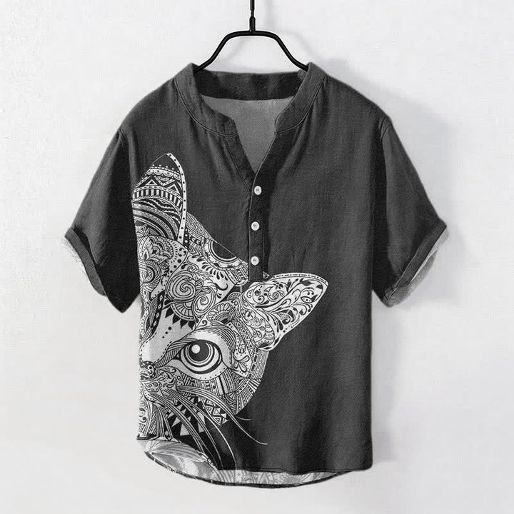 Buddha Stones Cotton Tribal Cat Face Pattern Men's Short Sleeve Half Button Shirt - Black - US/UK/AU50，EU60 (5XL) - image 0