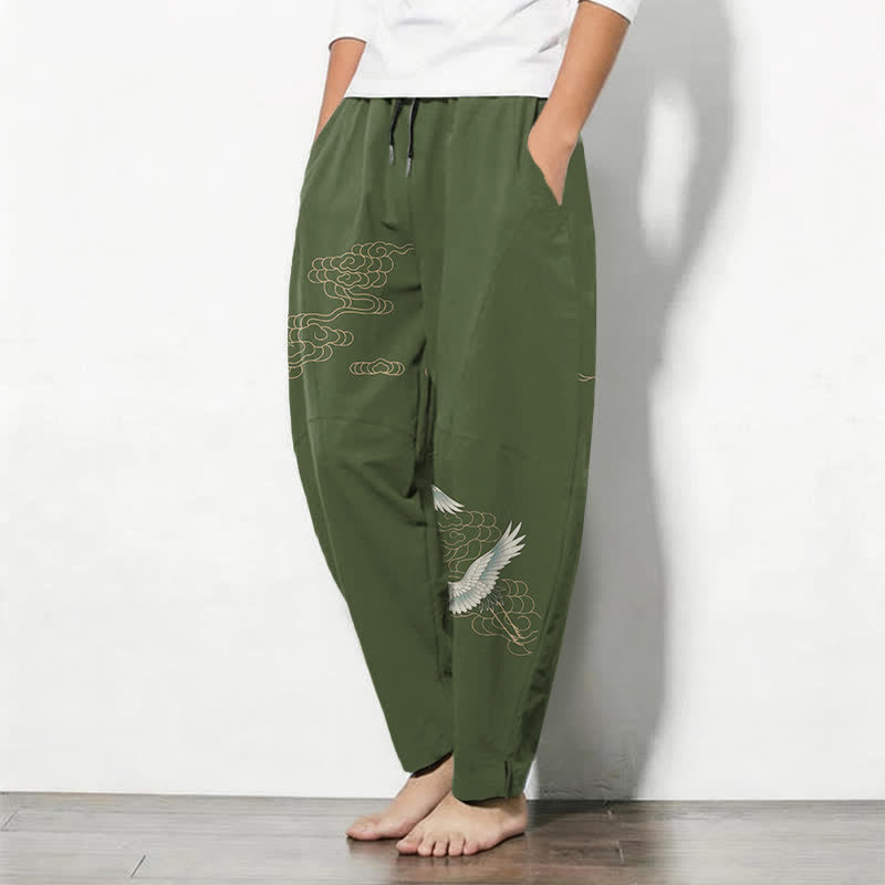 Buddha Stones Pure Cotton Flying Crane Cloud Pattern Drawstring Men's Tapered Pants With Pockets - image 8