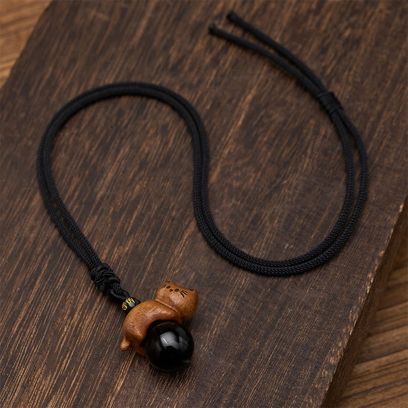 Buddha Stones Sandalwood Cat Black Obsidian Bead Om Mani Padme Hum Bead Protection Rope Necklace - image 4