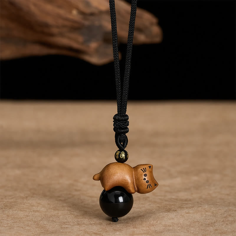 Buddha Stones Sandalwood Cat Black Obsidian Bead Om Mani Padme Hum Bead Protection Rope Necklace - Sandalwood & Black Obsidian - image 0